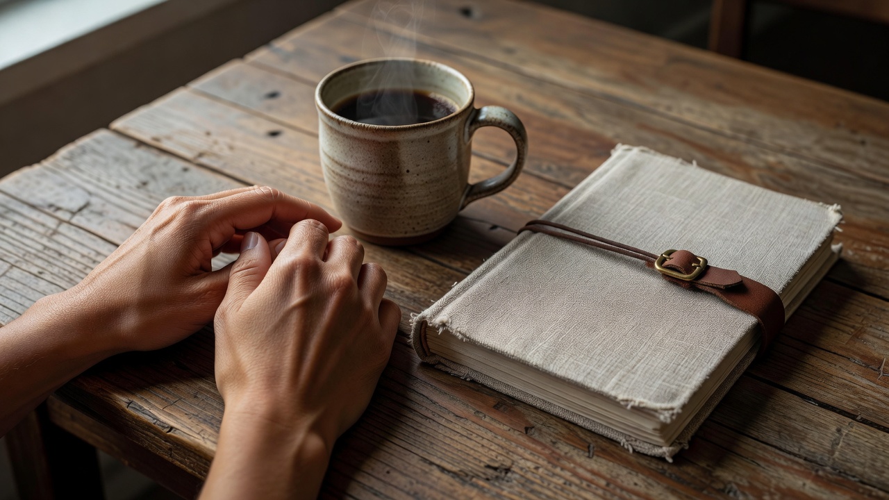 Close-up of attentive hands resting quietly beside a linen-bound journal and ceramic mug