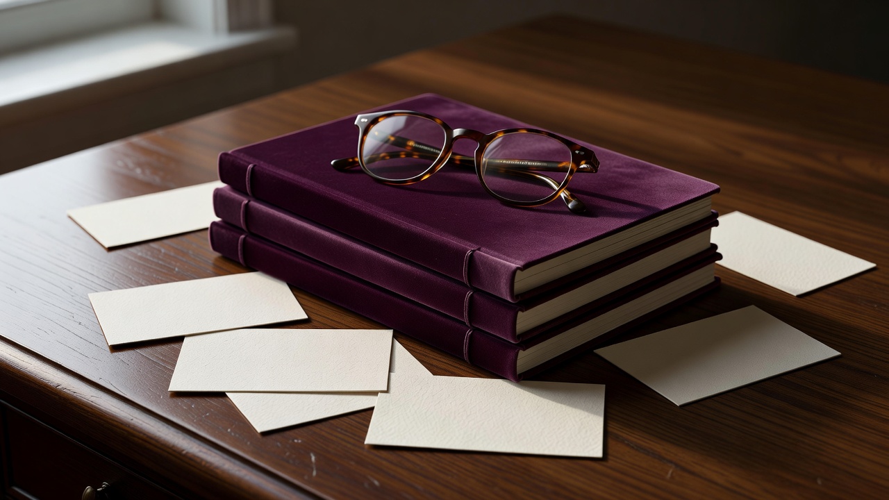 Close-up of editorial notebooks, reading glasses, and dialogue cards arranged on a quiet desk