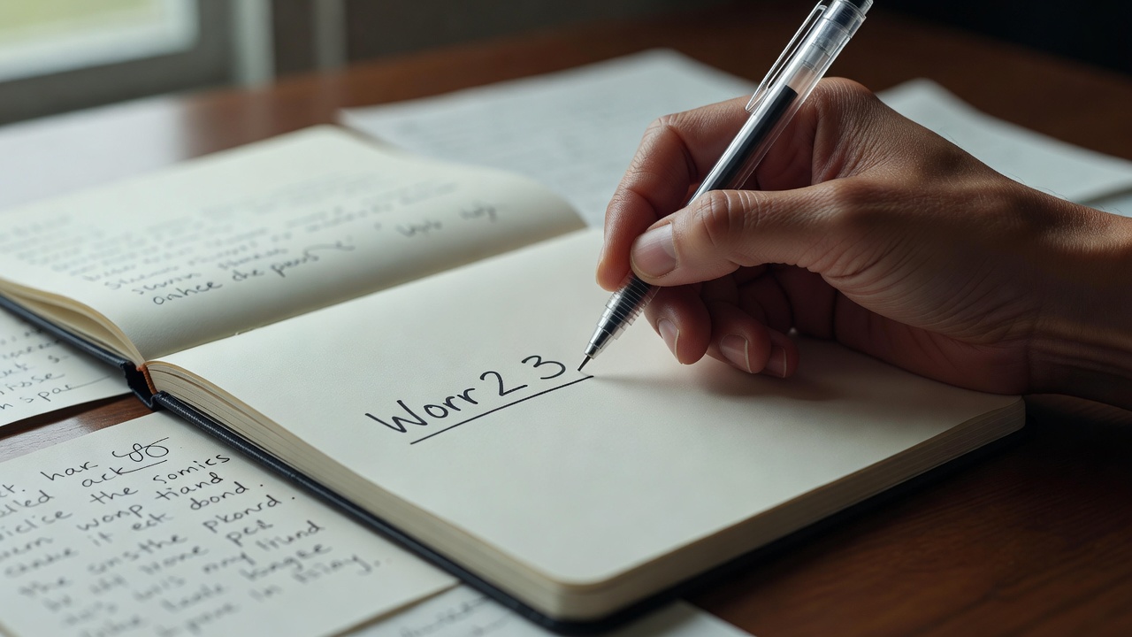 Close-up of a hand underlining a three-word summary in a notebook before a discussion