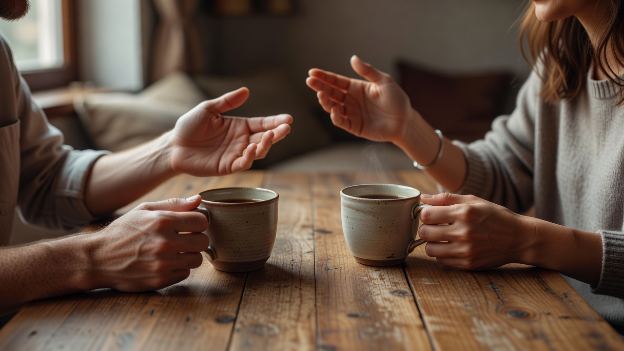 Close-up of two people gesturing warmly over ceramic coffee cups on a wooden table