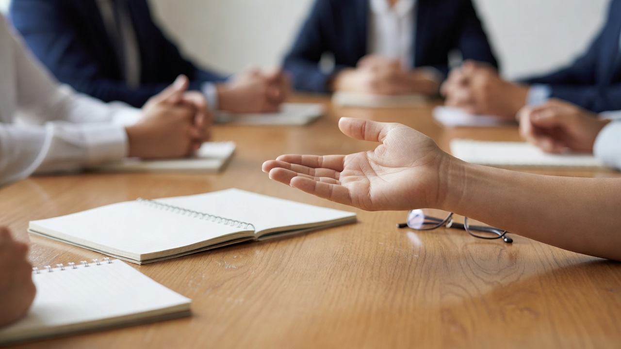 Close-up of an open-palm gesture across a meeting table with notebooks and glasses
